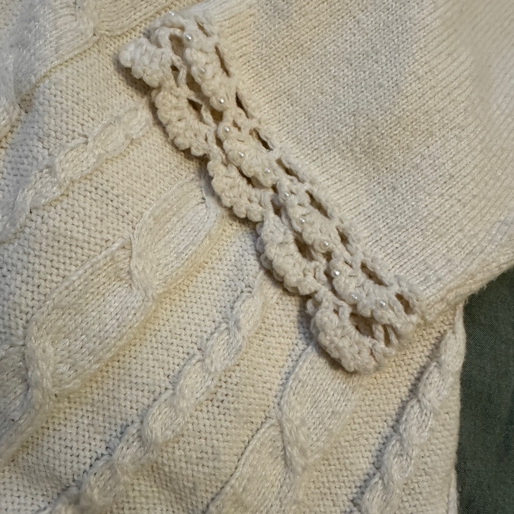 Coldwater Creek Beaded Crochet Trim Cardigan Pearl Button Cable Knit Ivory L - Picture 10 of 12
